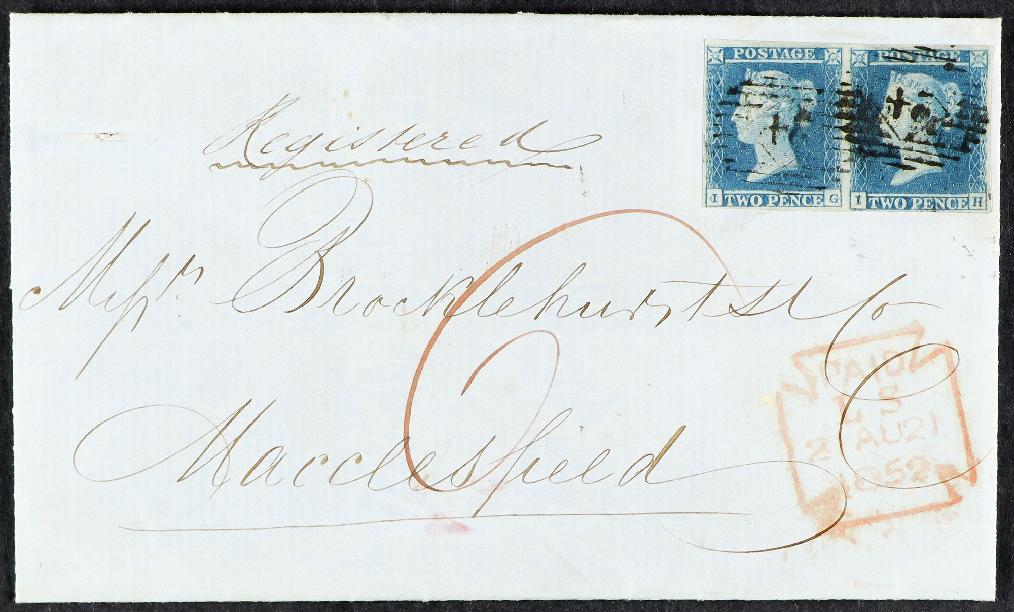 GB.QUEEN VICTORIA 1852 (21 Aug) EL registered from London to Macclesfield bearing a pretty pair of