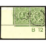 GB.GEORGE V 1912 ½d green Downey head, SG N4 (1), lower left corner "B12" (close, perf. type 3)