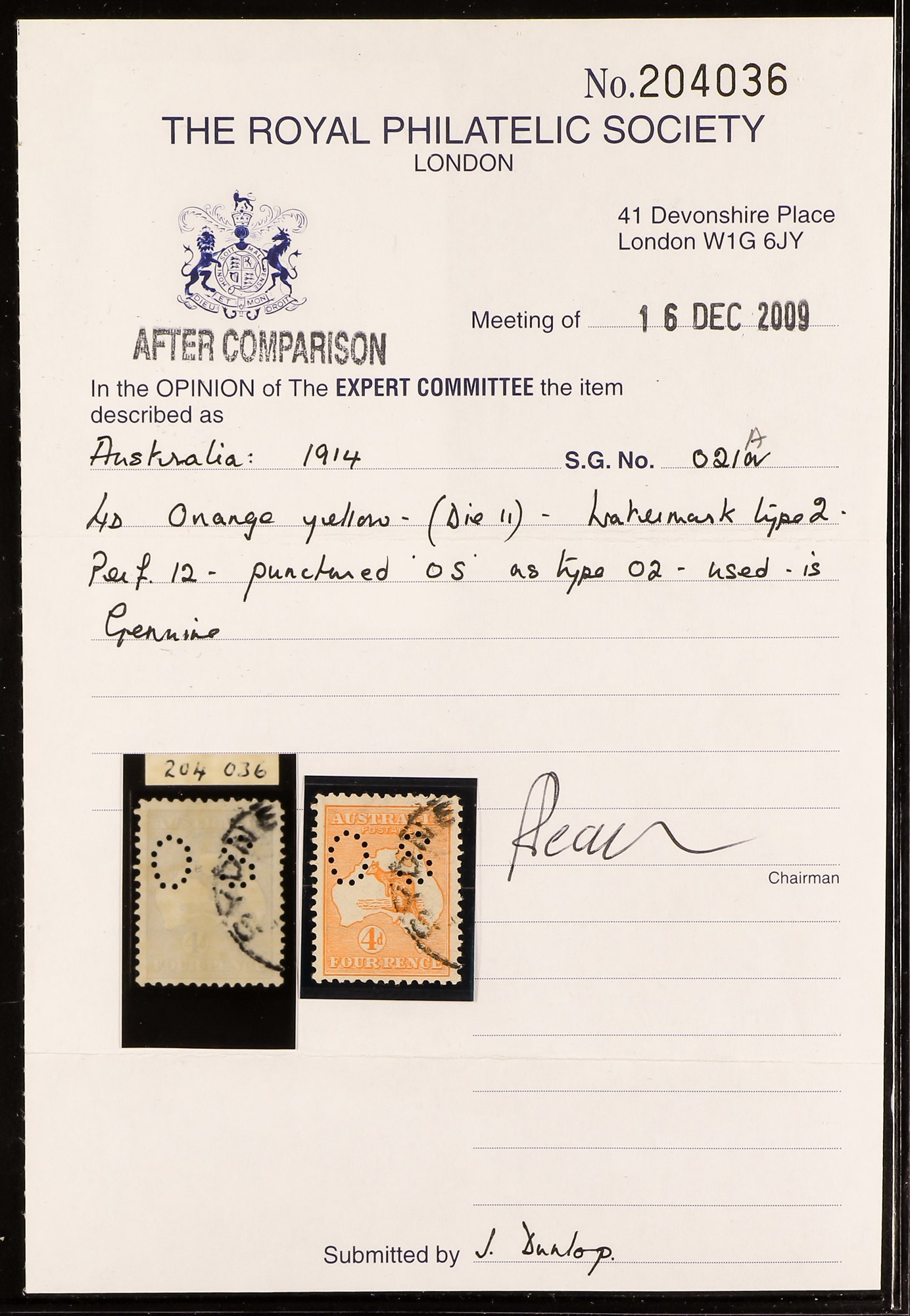 AUSTRALIA OFFICIAL PERFIN 1914 4d orange-yellow Kangaroo with 'OS' perfin, SG O21a, fine used with