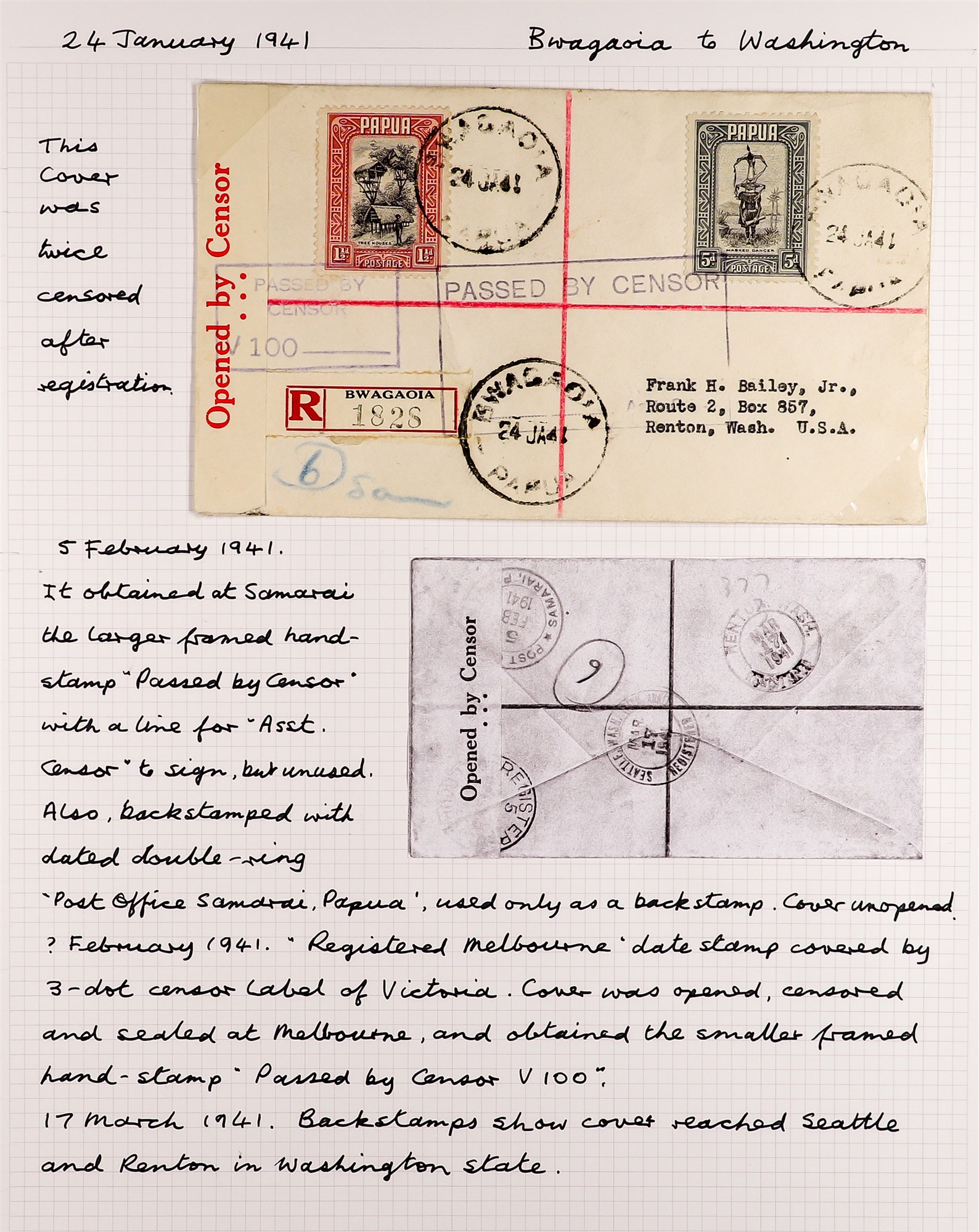 PAPUA WW2 CENSOR MARKS ON COVERS 1939-41 collection written up on pages, with various types of - Image 8 of 14