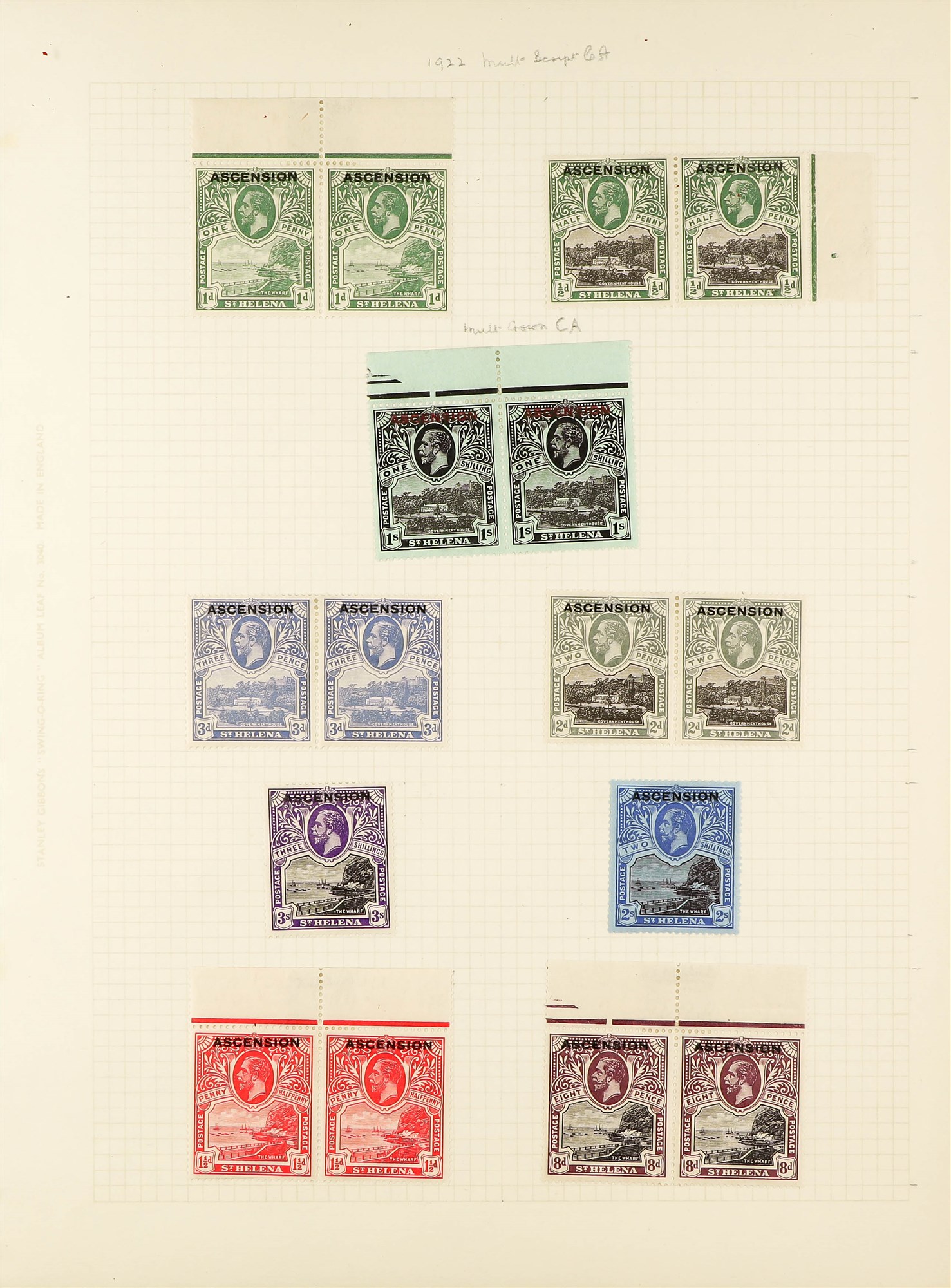 ASCENSION 1922 set, SG 1/9, mint, with ½d to 1s in mint or never hinged pairs. S.T.C. £400+. (16