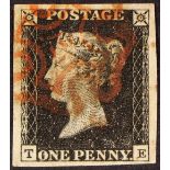 GB.PENNY BLACKS 1840 1d black 'TE' plate 1b, SG 2, used with 4 large to huge margins with red MC