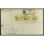 NEW GUINEA N.W.P.I. 1919 (August) envelope registered Rabaul to England, bearing 3d Kangaroo strip