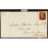 GB.QUEEN VICTORIA 1841 1d red-brown imperf plate 15 with 4 margins tied to part letter sheet by