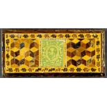 STAMP BOXES Great Britain three wooden Stickware and mosaic boxes, one (39x35x18mm) with a Penny