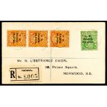 NEW GUINEA N.W.P.I. 1920 (October) "Ewen" envelope registered to London, bearing ½d and strip of