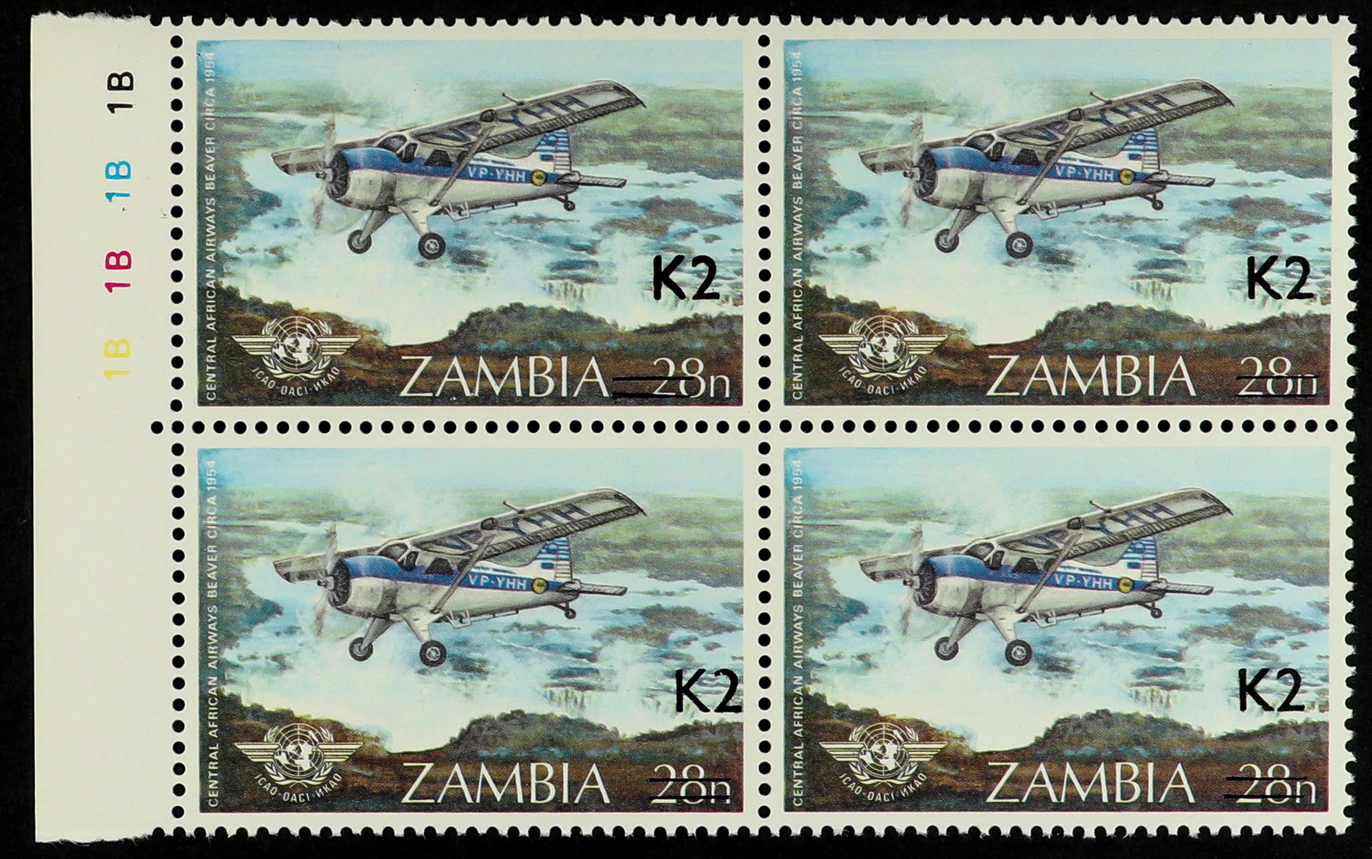 ZAMBIA 1991 (5th July) 2k on 28n de Havilland Beaver, SG 660, a rare marginal block of four