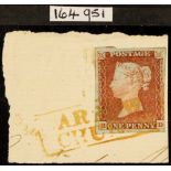 GB.QUEEN VICTORIA 1841 1d red-brown plate 59 imperf tied to piece by complete yellow boxed "