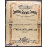 BELGIAN CONGO 1898 SHARE CERTIFICATE "Compagnie Generale Coloniale" capital 750,000 Francs, 39x30½