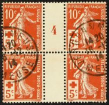 FRANCE 1914 10c+5c red Red Cross Fund Millesime block 4, the upper pair with '4' Milliseime, the