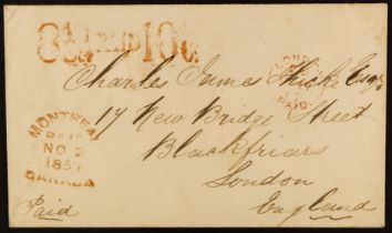 CANADA 1857-1857 Two matching covers to London, bearing different "Paid" & rate marks, plus "