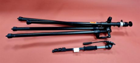 CAMERA TRIPOD AND MONOPOD. A large Benbo 2 Trekker tripod, comes with camera mount and ball head