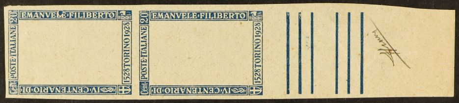 ITALY 1928 20c Filiberto (as Sassone 226) IMPERF PAIR OF FRAME PROOFS in ultramarine, signed
