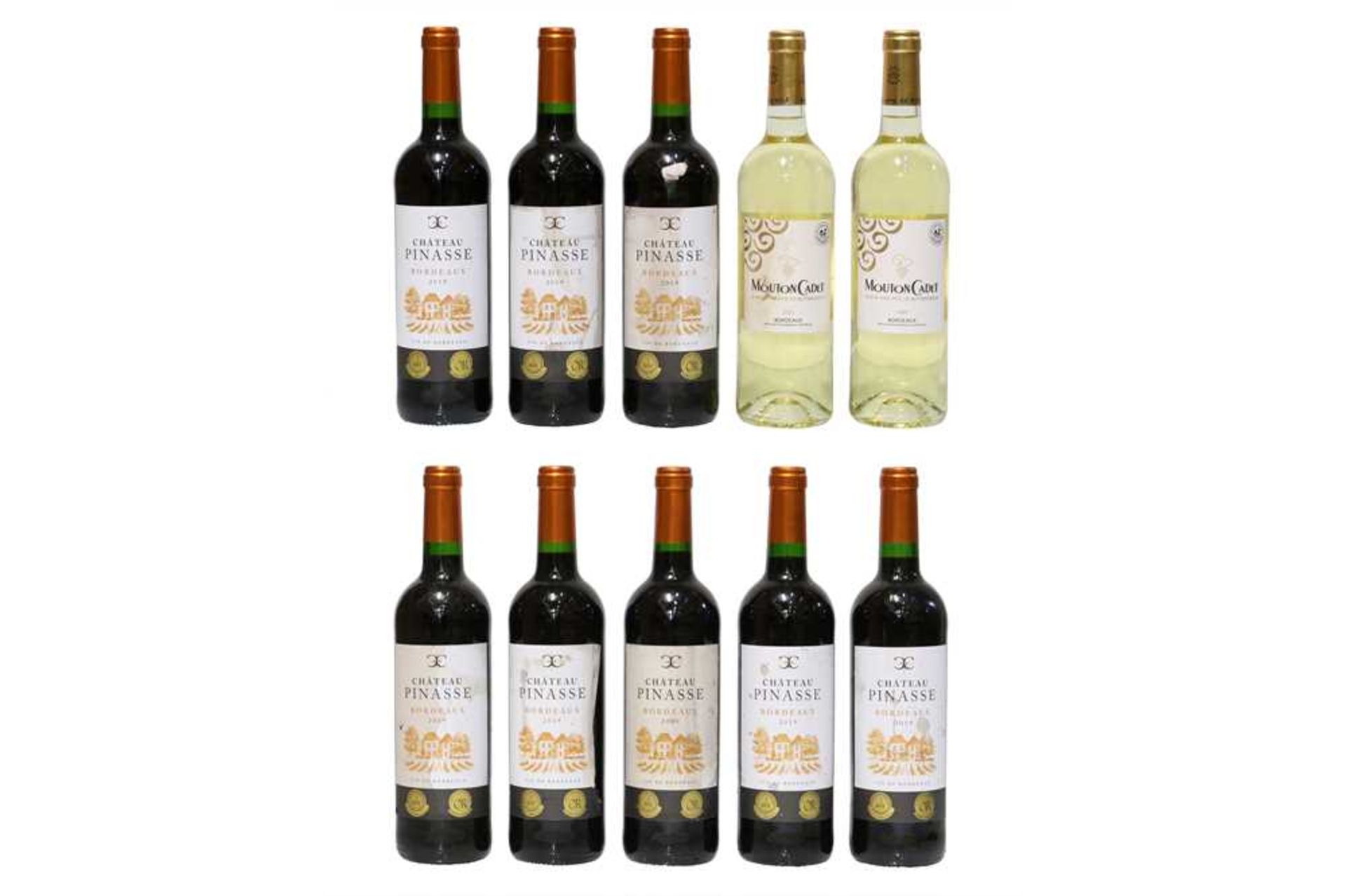 Red and White Bordeaux: Chateau Pinasse 2019 and Mouton Cadet Blanc 2021, ten bottles total