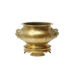 A CHINESE BRASS BOMBE CENSER AND STAND 清十九世紀 銅香爐連座