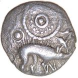 X-Type Proto Boar. Rich Type 4a. Corieltavi. c.AD55-45. Celtic silver unit. 14mm. 1.38g.