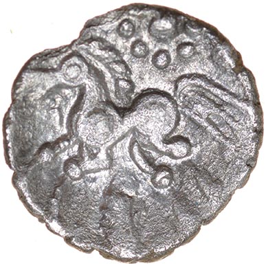 Amersham Moon Man. Catuvellauni. c.55-45BC. Celtic silver unit. 13mm. 0.75g. - Image 2 of 2