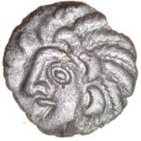 Amersham Moon Man. Catuvellauni. c.55-45BC. Celtic silver unit. 13mm. 0.75g.