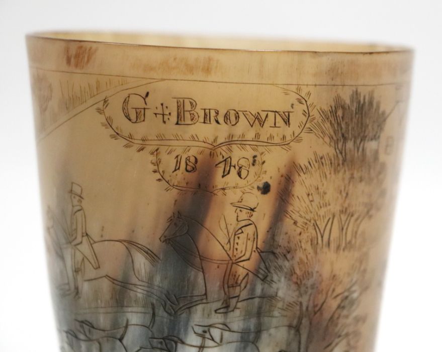 A horn beaker decorated with a fox hunting scene, 14cms high.Condition ReportNo chips or cracks - Image 3 of 4