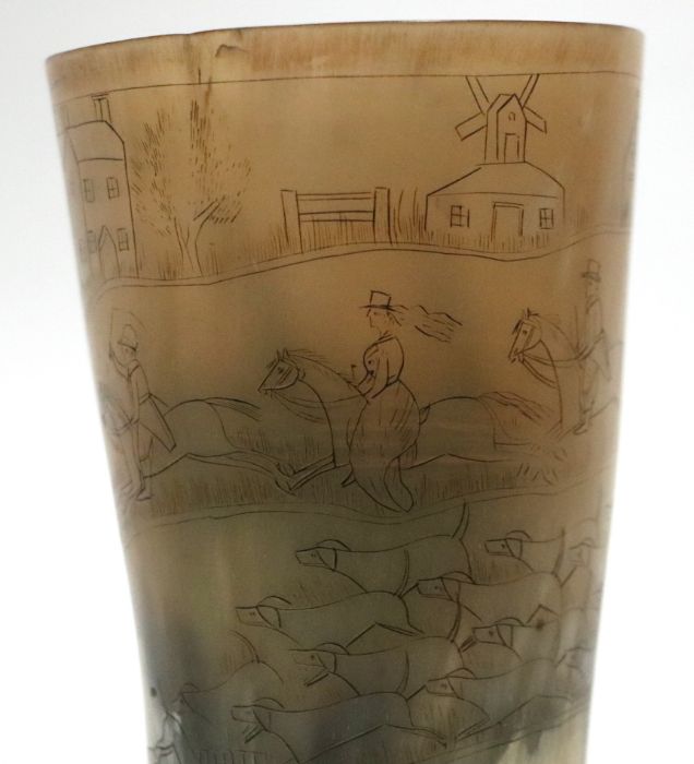 A horn beaker decorated with a fox hunting scene, 14cms high.Condition ReportNo chips or cracks - Image 4 of 4