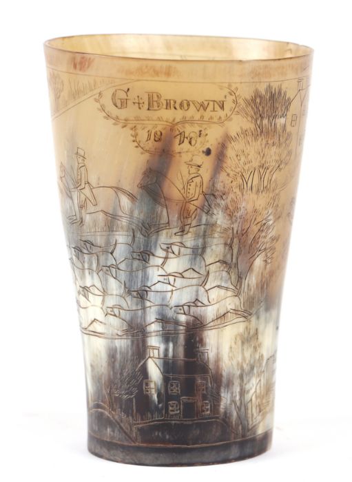 A horn beaker decorated with a fox hunting scene, 14cms high.Condition ReportNo chips or cracks - Image 2 of 4