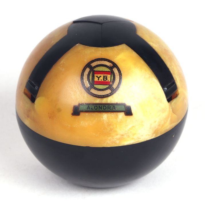 An Art Deco Roxon Catalin Bakelite ball ashtray made for 'Yeoward Lines SS Alondra', 8cms high.