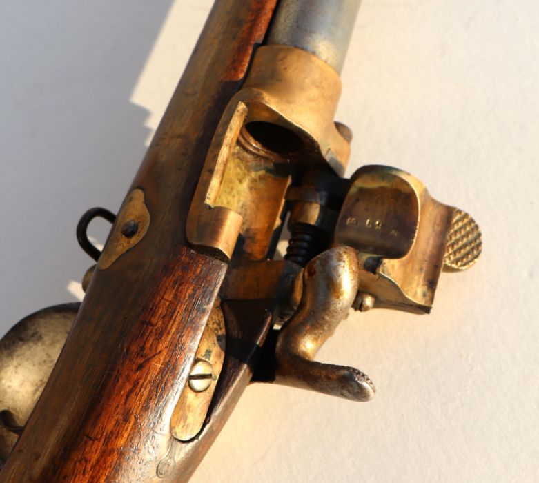 A 19th century French percussion rifle with sprung lever breach barrel, suspension loops and - Image 13 of 15