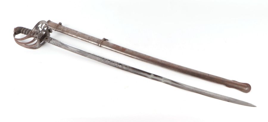 A Victorian cavalry officer's sword with wire bound grip, engraved blade and steel scabbard, 98cms - Image 3 of 8