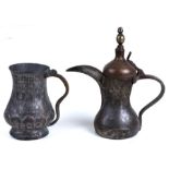 A Turkish / Islamic tinned brass dallah coffee pot 28cm high, together with a tinned copper tankard,