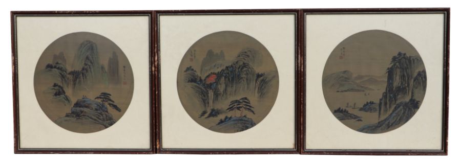 A group of three Chinese watercolours depicting mountainous scenes and calligraphy, framed & glazed,