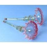 A pair of Vaseline type glass epergne trumpets, each approx 28cms long (2).