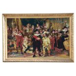 A large tapestry picture depicting cavaliers, framed, 125 by 79cms.