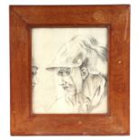 19th century continental school - a pencil sketch of a soldier wearing a Minerva helmet, framed &