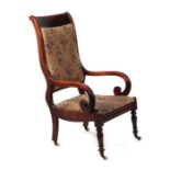 A William IV mahogany open arm library chair with upholstered back and seat, scroll arms and