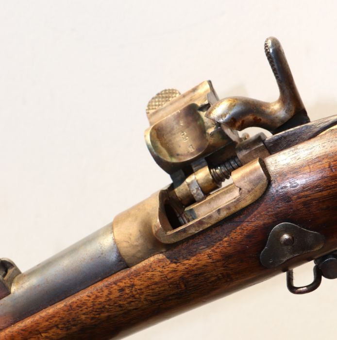 A 19th century French percussion rifle with sprung lever breach barrel, suspension loops and - Image 14 of 15