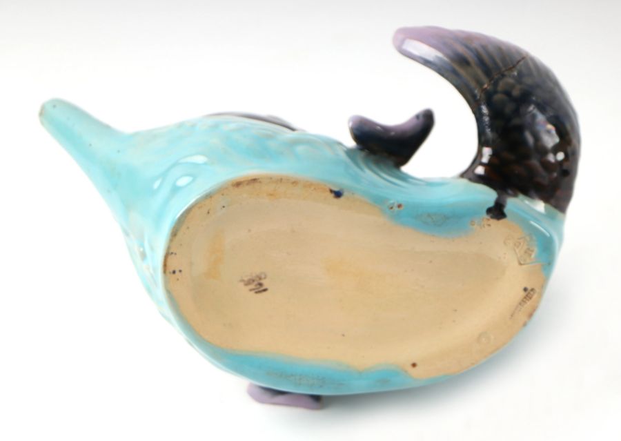 A late Victorian Brownfield majolica teapot and cover in the form of a fish jumping out of the - Image 5 of 7