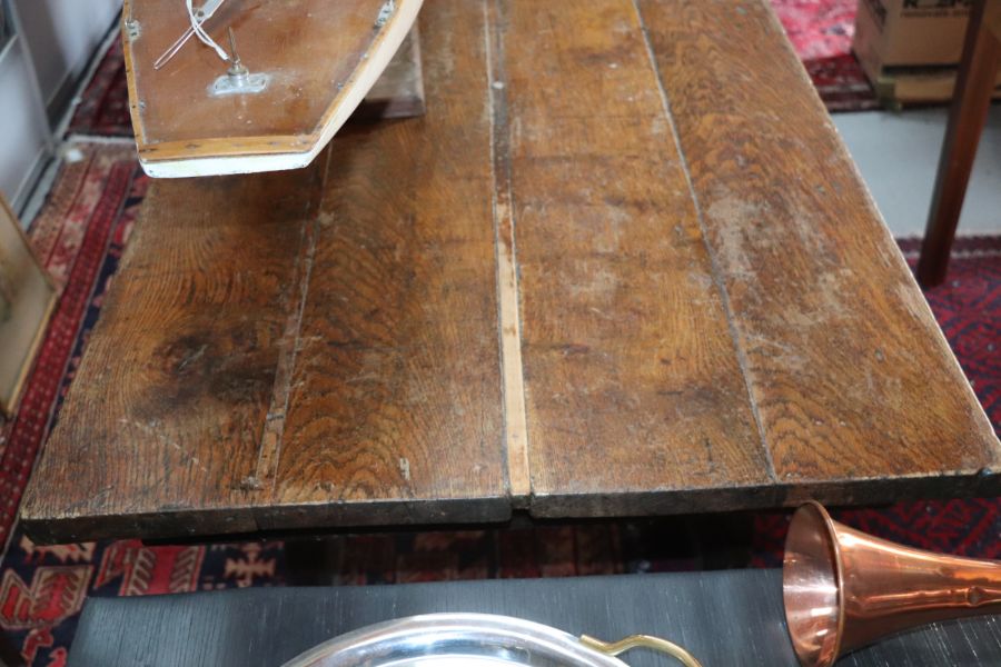 A large 17th century style oak refectory table with four plank top, on trestle supports joined by - Image 16 of 20