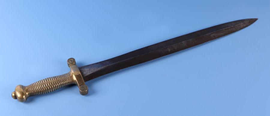 A 19th century French 1831 pattern Gladius short sword with ribbed brass hilt and steel blade, 64cms