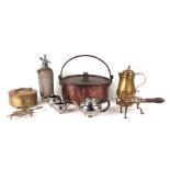 A quantity of assorted copper and brass items to include a copper lidded pot, 40cms wide; a chrome