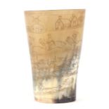 A horn beaker decorated with a fox hunting scene, 14cms high.Condition ReportNo chips or cracks