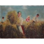 Continental school - Peasants Harvesting - indistinctly signed lower right, oil on canvas, unframed,