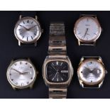 A Manis 21-jewel 9ct gold cased wristwatch; together with four other gentlemen's vintage