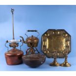 A Hugh Wallis copper bowl; together with a Victorian brass spirit kettle; a copper kettle; a pair of