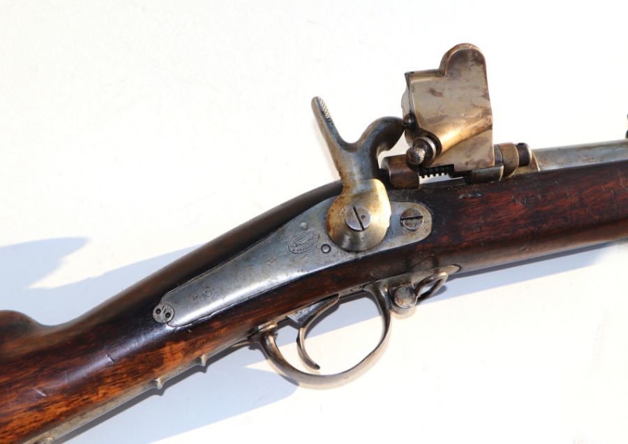A 19th century French percussion rifle with sprung lever breach barrel, suspension loops and - Image 9 of 15