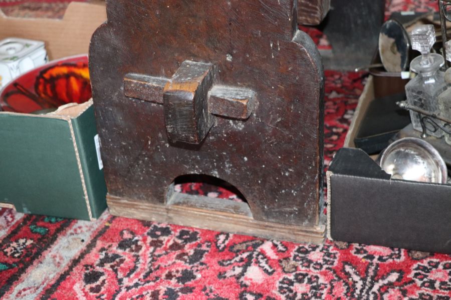 A large 17th century style oak refectory table with four plank top, on trestle supports joined by - Image 7 of 20