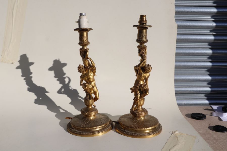 A pair of gilt bronze figural table lamps, the columns in the form of neo-classical figures, each - Image 3 of 7