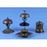 Two countertop desk bells; together with a Victorian brass string box and a brass ink well (4).