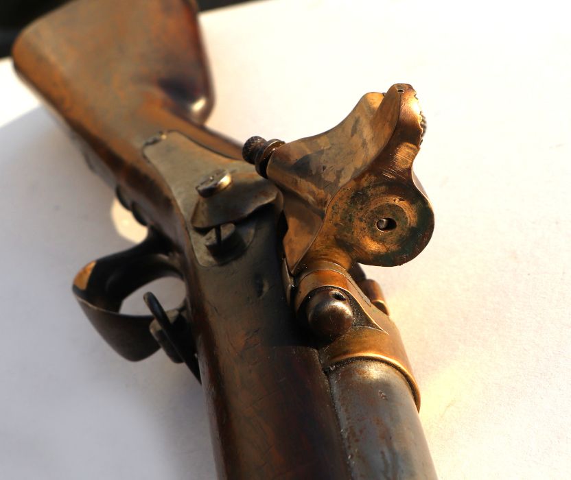 A 19th century French percussion rifle with sprung lever breach barrel, suspension loops and - Image 12 of 15