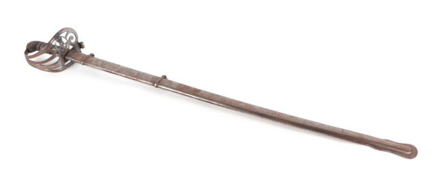 A Victorian cavalry officer's sword with wire bound grip, engraved blade and steel scabbard, 98cms - Image 2 of 8