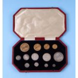 A 1902 Edward VII Coronation Proof Coin set specimen coins, 1902, £5 to 2d, in fitted presentation